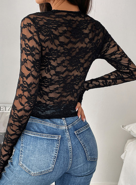 Long-sleeved lace deep V fitted top  长袖蕾丝透视深V修身上衣