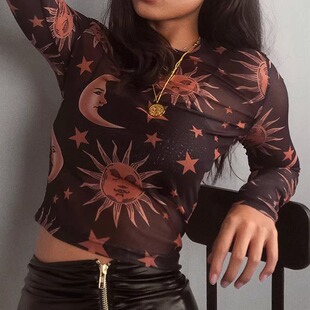 star print Tulle 长袖 through shirt 网纱透视星星印花T恤 see