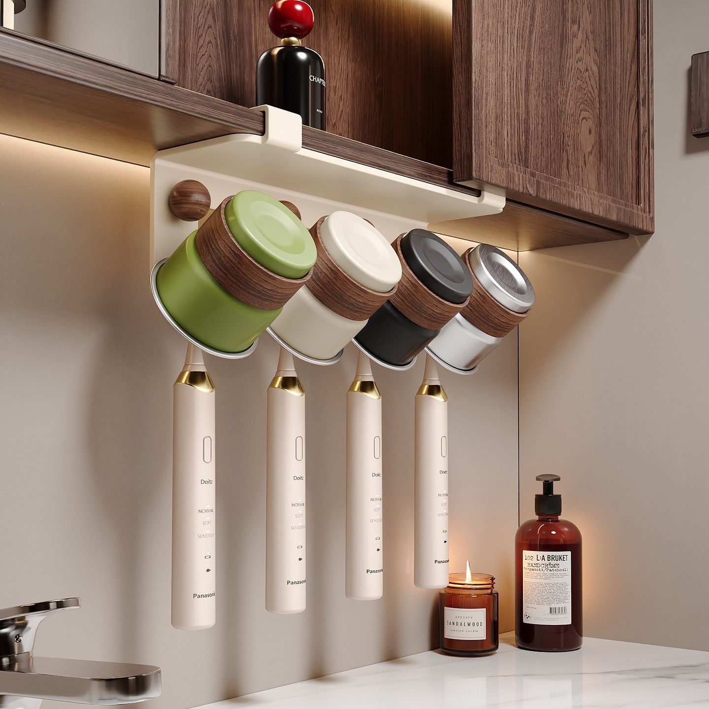 牙刷置物架倒挂免打孔中古风卫生间洗漱台镜柜下牙刷漱口杯收纳架