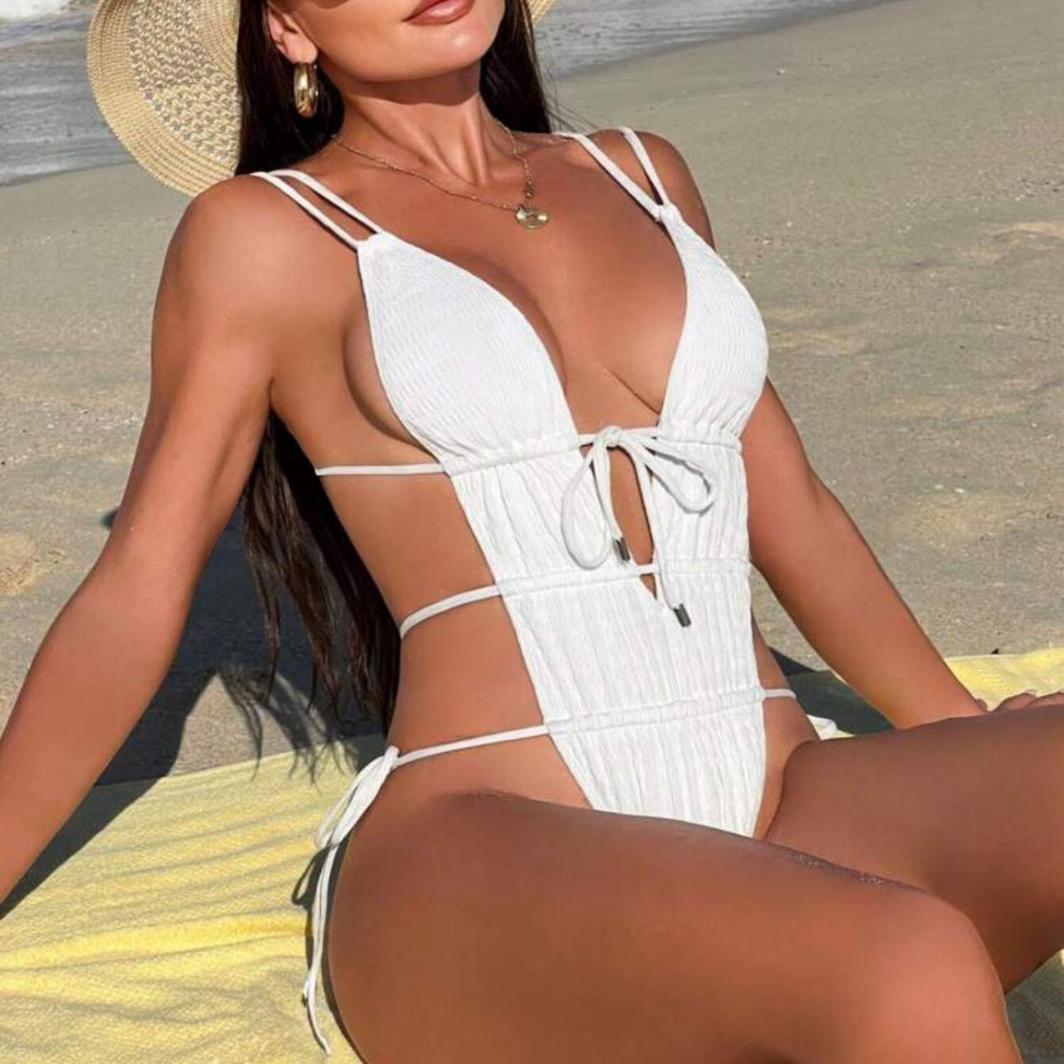 2024欧美新款纯色连体抽绳露背性感泳装泳衣比基尼bikini跨境