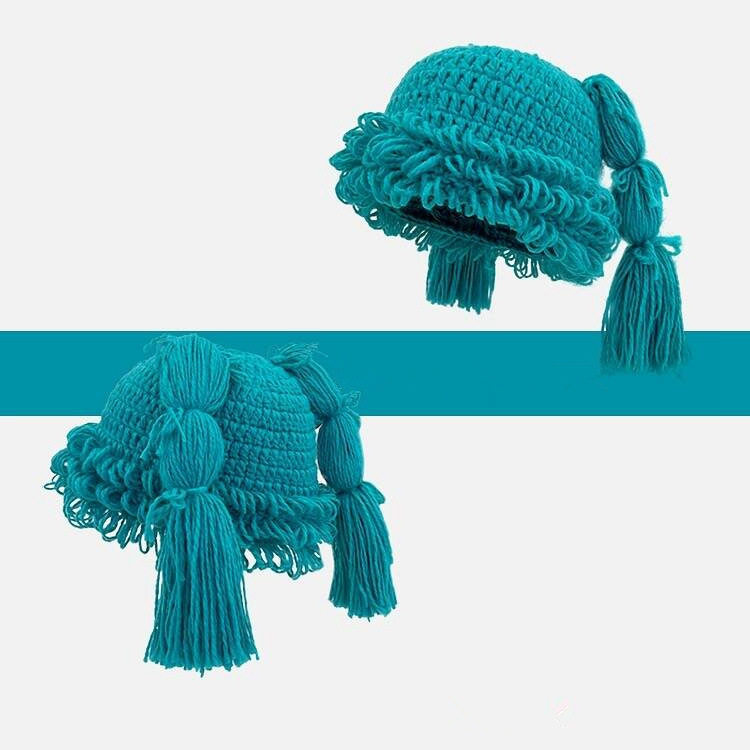 日系二次元粉色麻花辫子假发毛线帽子女秋冬季保暖甜美个性针织帽