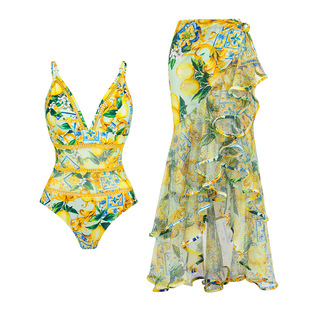 欧美跨境新款亚马逊速卖通法式复古时尚印花连体长裙海边度假泳衣