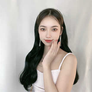 网红新款发箍假发女长卷发水钻流苏发箍假发一体半头套现货大波浪