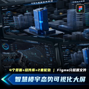 蓝青色两套可视化监测大屏智慧楼宇数据态势UI设计素材Figma文件