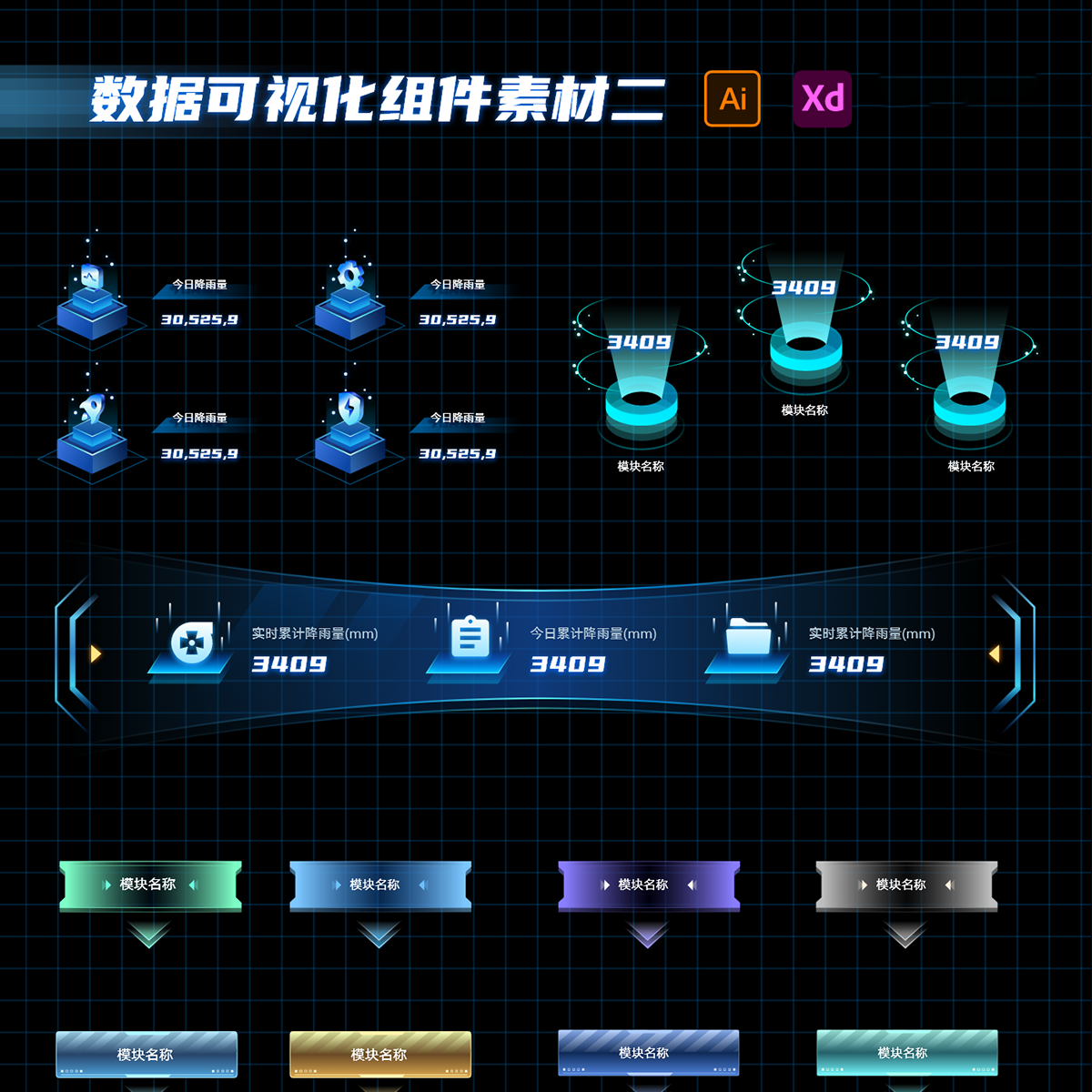 可视化大屏UI设计指标组件素材模板AIXD分层源文件科技感元素编辑