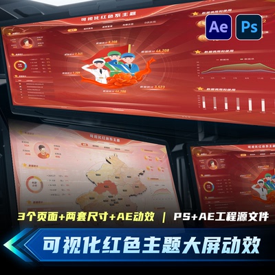 深浅两版红色主题可视化动效大屏UI设计素材模版PSAE源文件可编辑