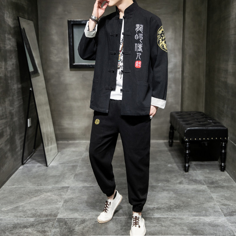 CHINESE STYLE MENS WEAR CHINESE RETRO BUCKLE TUNIC SUIT TANG COSTUME HANFU YOUTH DRAGON EMBROIDERED JACKET NATIONAL TIDE MAN