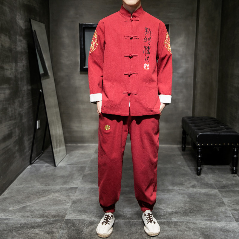 CHINESE STYLE MENS WEAR CHINESE RETRO BUCKLE TUNIC SUIT TANG COSTUME HANFU YOUTH DRAGON EMBROIDERED JACKET NATIONAL TIDE MAN