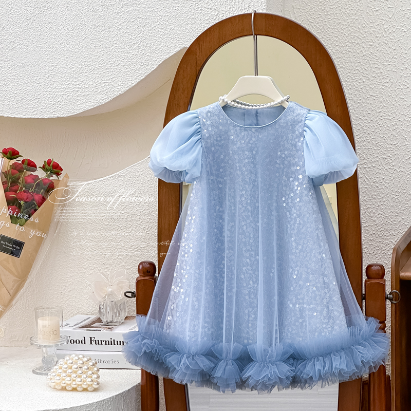 女童夏装连衣裙2025新款夏季宝宝亮片高级感网纱蓬蓬裙儿童连衣裙