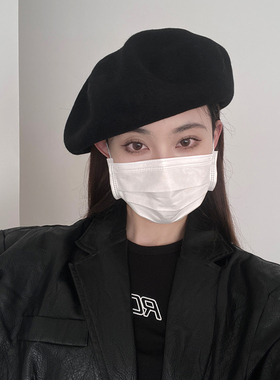 万年百搭~经典复古黑色羊毛呢贝雷帽女秋冬纯色保暖显脸小画家帽