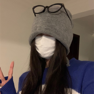 素颜百搭显脸小卷边针织堆堆帽女日系复古毛线冷帽保暖护耳月子帽