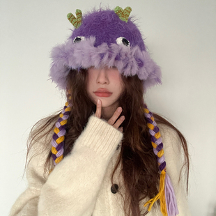 搞怪可爱小怪兽脏辫毛绒毛线帽子女秋冬保暖护耳包头帽绑绳雷锋帽