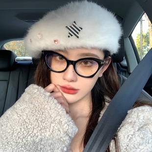 一口芝士 Y2K星星兔毛贝雷帽女秋冬毛绒甜美气质画家帽 小众设计款