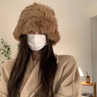 显脸小兔毛针织渔夫帽女秋冬毛绒绒保暖皮草盆帽护耳毛线帽大头围