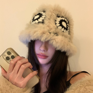 气质氛围感虎头兔毛醒狮帽女秋冬毛绒绒针织渔夫帽国潮显脸小盆帽