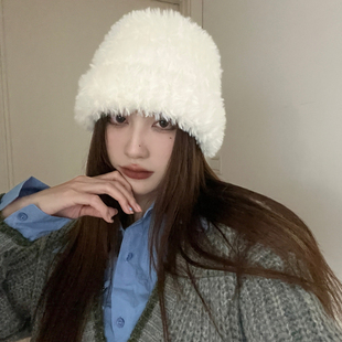 韩国ins软糯可爱毛绒绒粗毛线针织帽秋冬季 百搭显脸小保暖冷帽子