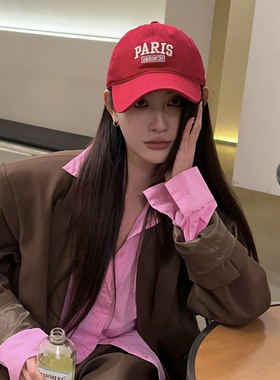 红色paris字母刺绣软顶棒球帽女春夏韩版ins大头围百搭鸭舌帽男潮