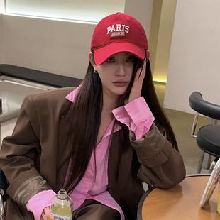 红色paris字母刺绣软顶棒球帽女春夏韩版 ins大头围百搭鸭舌帽男潮