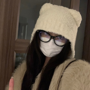 大头围可爱小熊毛绒绒保暖毛线帽女秋冬百搭护耳显脸小包头针织帽