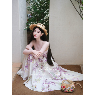 Redmole【麻本春藤】天丝亚麻｜手绘紫藤印花｜抹胸半身裙套装
