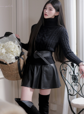 Redmole【墨城玄色】羔羊绒混纺｜海岛丝pu皮｜质感毛衣+皮裙套装