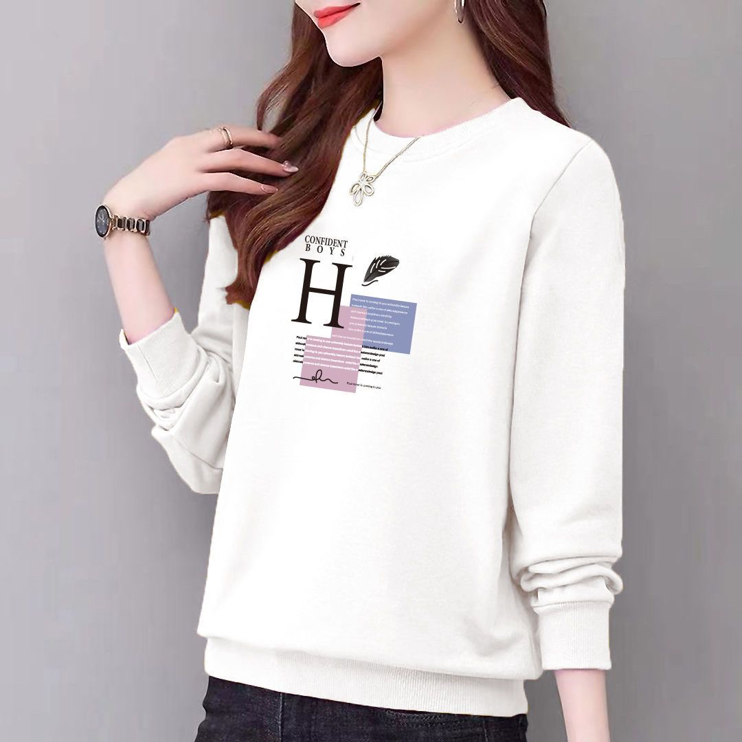 毛圈纯棉卫衣女短款长袖圆领上衣韩版春秋薄款宽松显瘦印花图案