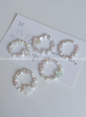 zizicz原创混珠马卡龙温柔色系小众设计微弹米珠小戒指女可爱ins