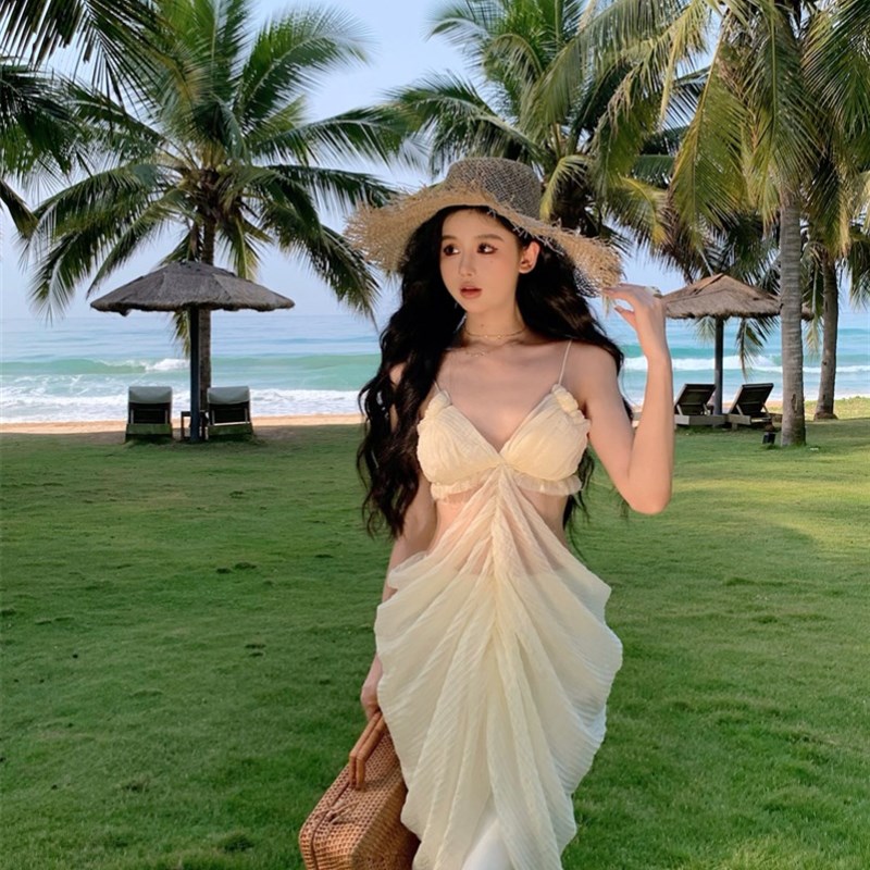 纯欲性感海边度假连衣裙镂空露腰吊带半身裙套装长裙气质名媛礼服