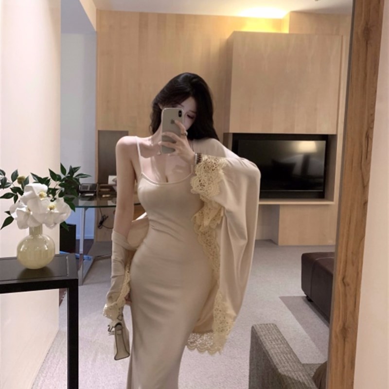 御姐风气质穿搭套装女春季开衫披肩吊带连衣裙包臀鱼尾长裙两件套