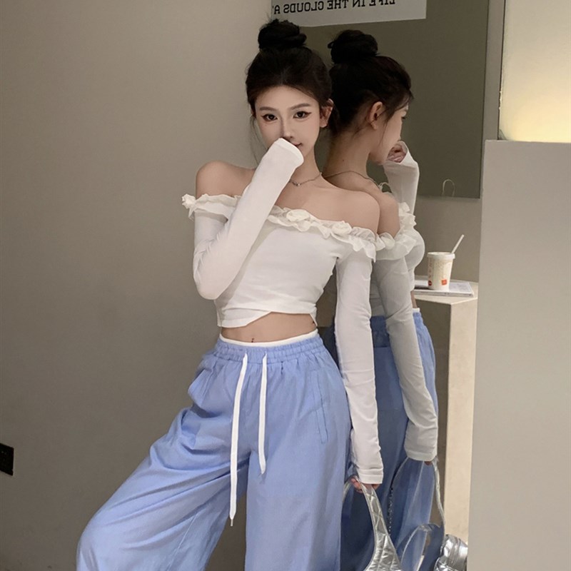 一字领白色花朵长袖T恤女春季修身荷叶边辣妹设计感短款露肩上衣