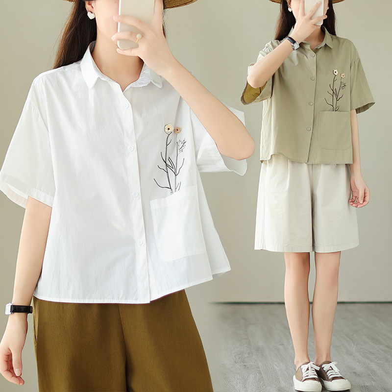 复古文艺范绣花衬衫女夏季2024年新款韩版宽松休闲百搭短袖上衣潮