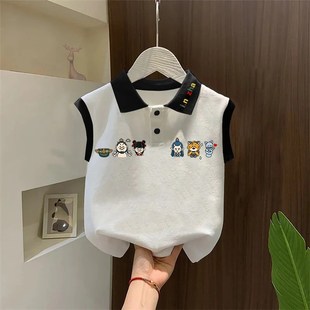宝宝2025洋派纯棉背心无袖 哪吒印花上衣服 T恤男童女童夏季 Polo衫