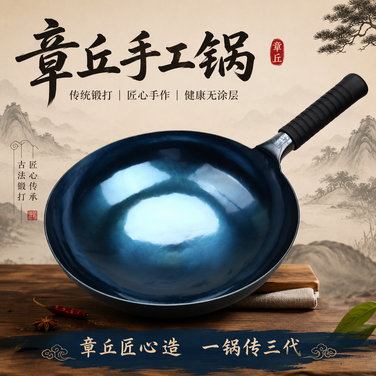 正宗章丘手工铁锅官方旗舰家用炒菜锅不粘锅无涂层镜面铁锅已开锅