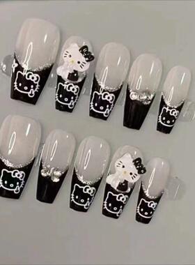 kitty猫穿戴甲美甲成品假指甲贴片纯手工穿戴甲黑色可爱卡通学生