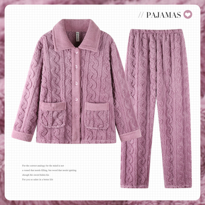 妈妈珊瑚绒宽松开衫大码睡衣套装