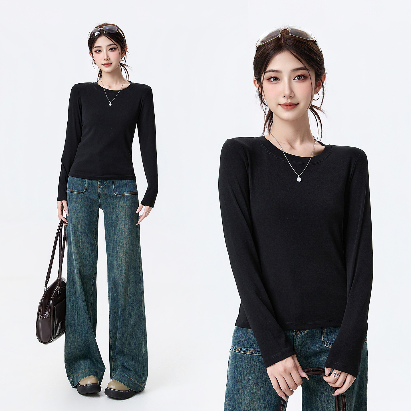 黑色正肩长袖t恤内搭上衣女修身