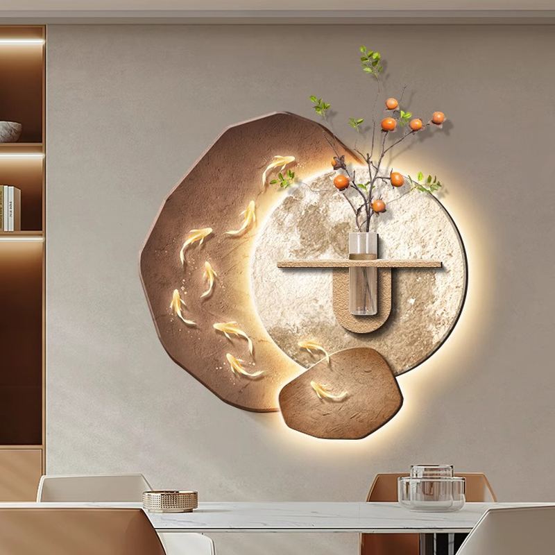 石来运转餐厅装饰画侘寂风客厅水培绿植挂画九鱼图高级感玄关灯画