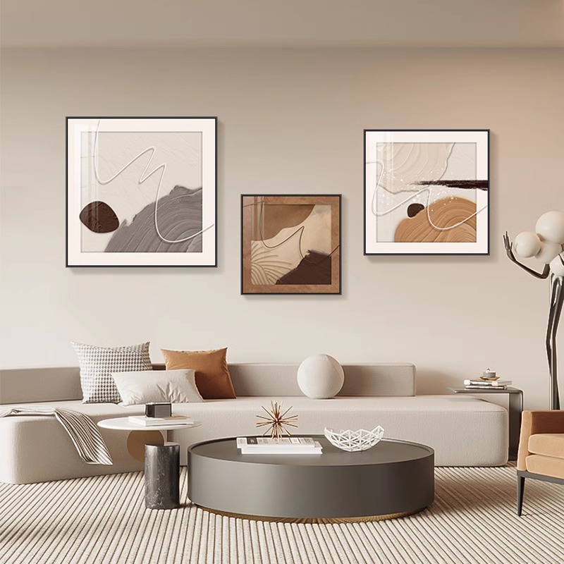 现代简约肌理客厅餐厅装饰画抽象沙发背景墙面挂画奶油风三联壁画图片