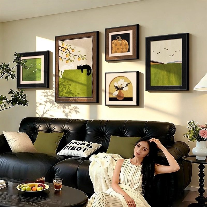 趣味猫咪中古风客厅装饰画绿色抽象沙发背景墙面挂画法式小众壁画,家居饰品,现代装饰画,淘宝优惠券,粉丝福利购,淘宝优惠卷