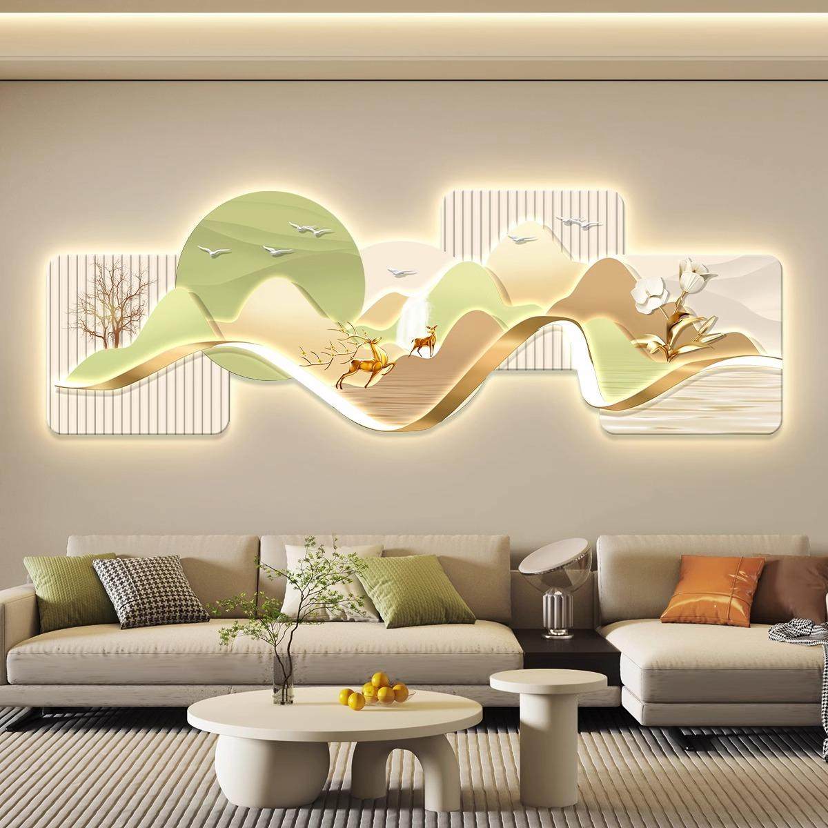 轻奢富禄山水客厅装饰画现代简约沙发背景墙挂画经典Led壁画与光,家居饰品,现代装饰画,淘宝优惠券,粉丝福利购,淘宝优惠卷
