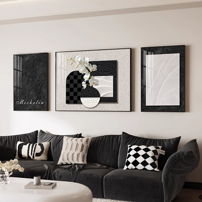 客厅简约现代黑白抽象装饰画三联