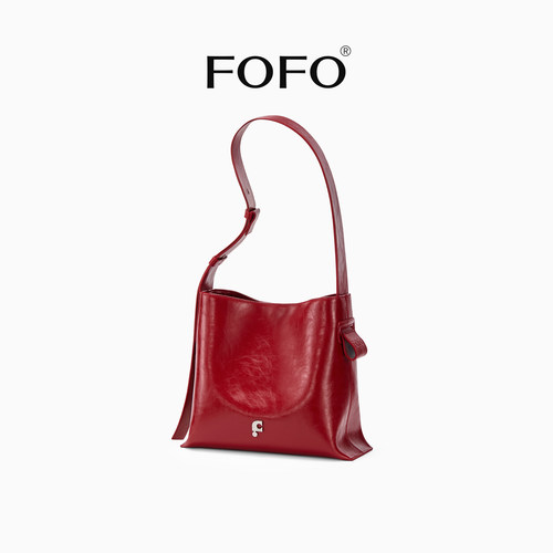 FOFO中号流浪包女设计师大容量单肩斜挎包通勤腋下牛皮hobo红色包