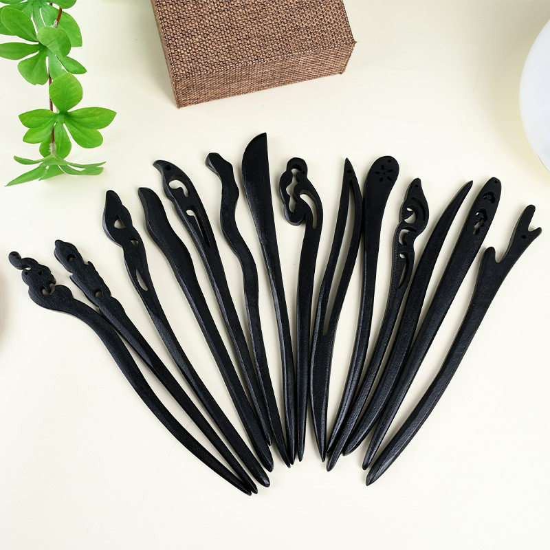 简约现代木发簪 中国风旗袍木质发钗 古风盘头挽发仿黑檀木发簪