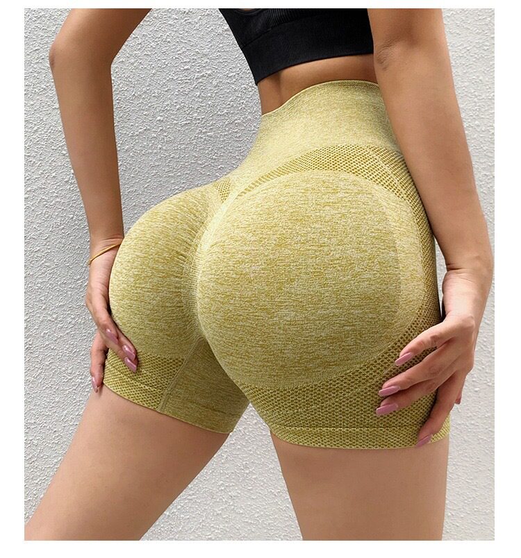 跨境笑脸蜜臀短裤女高腰速干无缝紧身翘臀三分健身裤运动瑜伽短裤