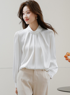 美衣千百惠女装2026年早春优雅风白色立领套头灯笼袖纯色气质衬衫