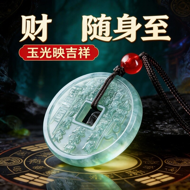天然玉石山鬼花钱吊坠新中式翡翠挂件男女随身平安本命年玉带证书