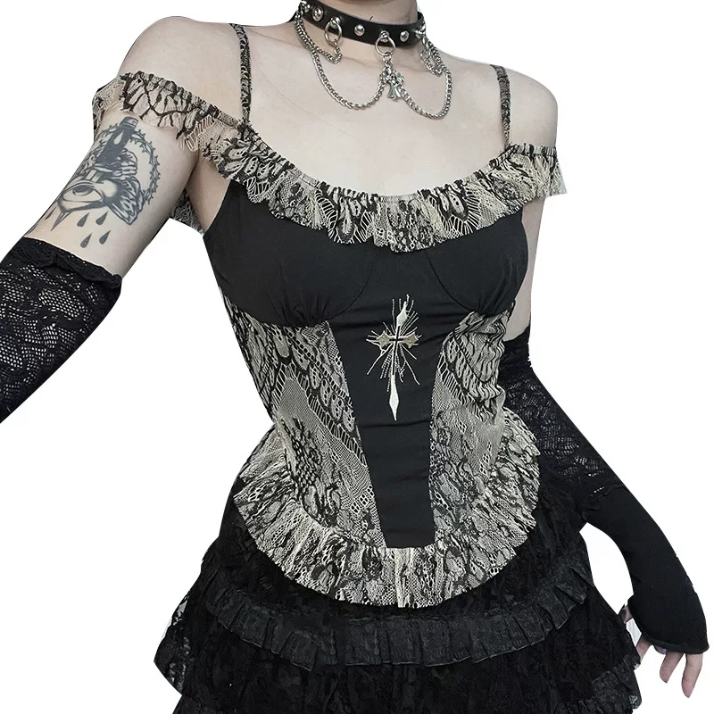 Контрастная вышивка Cross Топ с окантовкой Cross-Embroidered Vela Velled Cloud Girl