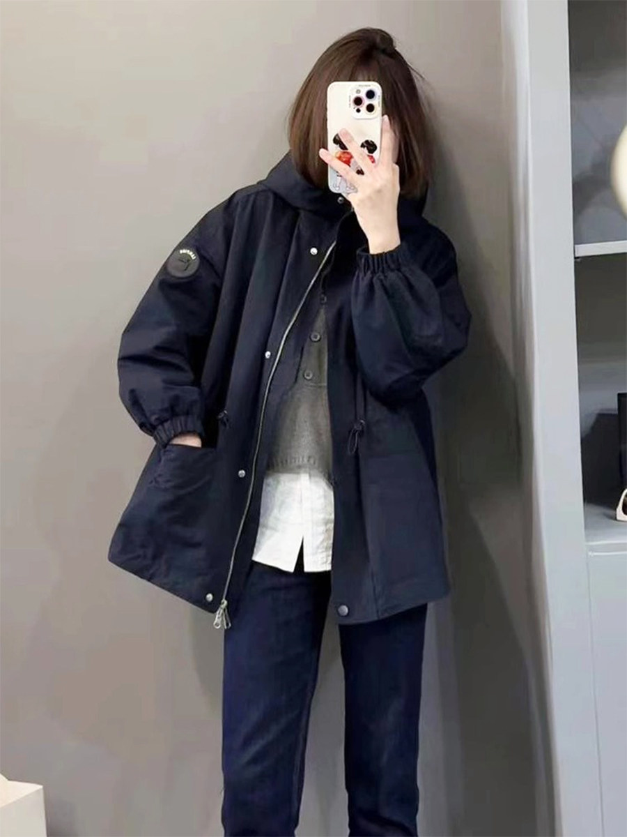 秋冬女式中长束腰棉质风衣新款弹出式包臀休闲薄棉质夹克
