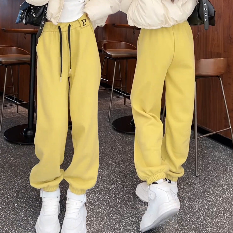 黄色加绒加厚束脚运动裤阔腿卫裤女秋冬季2025新款小个子休闲 裤