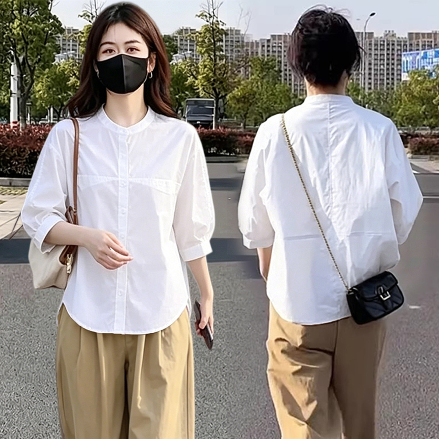 白色圆领七分袖衬衫九分哈伦裤套装女2026火夏天穿搭一整套0702r